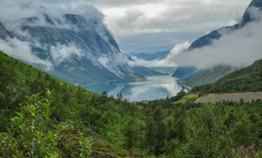 scenic view of misty norwegian fjord landscape