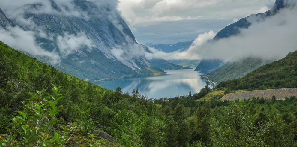 scenic view of misty norwegian fjord landscape